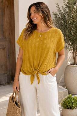 Anthropologie W5 Mustard Tie Front Striped Blouse Large